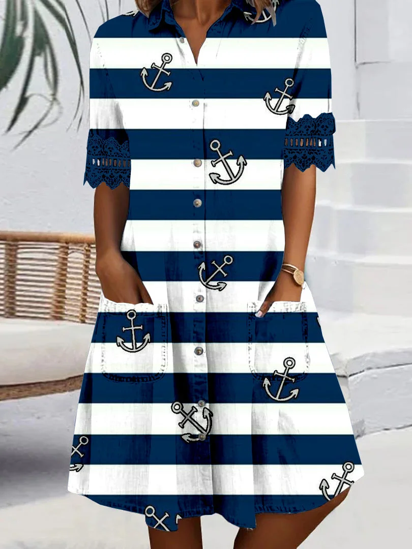 Women's Short Sleeve V-neck Graphic Printed Lace Stitching Pockets Midi Dress