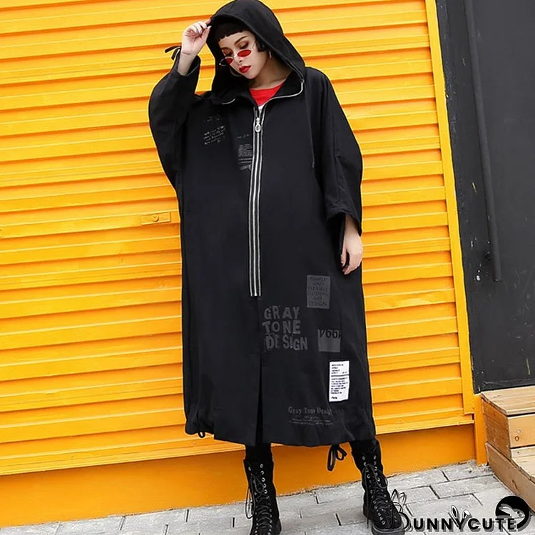 Elegant black Coats plus size hooded Coat Fashion zippered drawstring long jackets