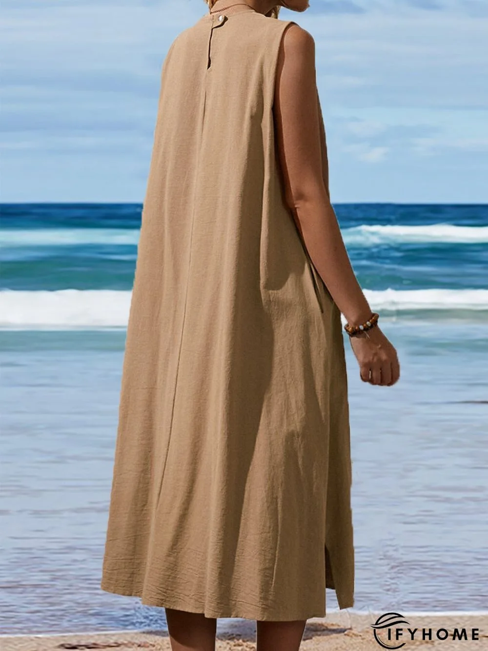 Loose Button Sleeveless Crew Neck Solid Color Vintage Dress | IFYHOME