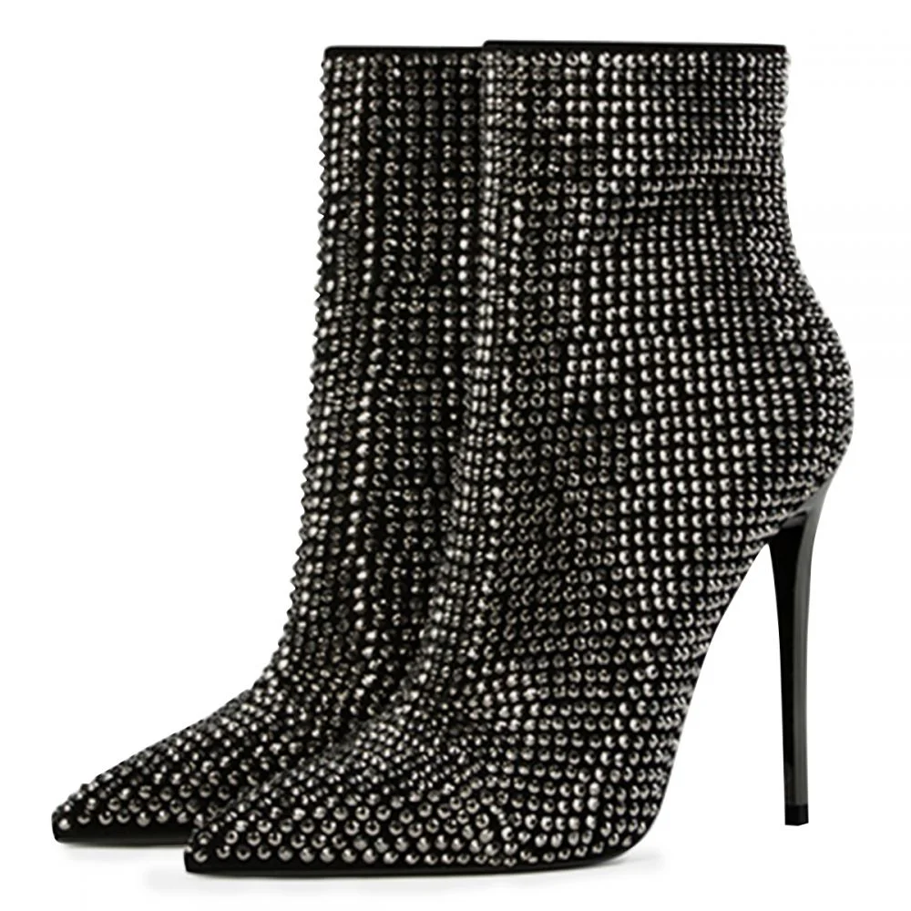 Black Glitter Pointy Toe High Heel Boots Stiletto Heels Nicepairs