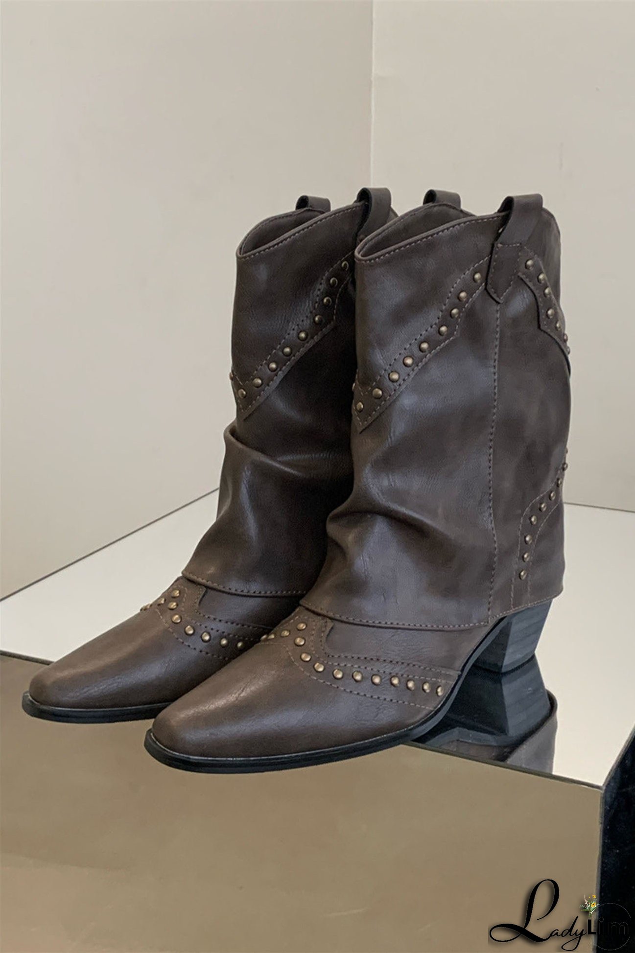 Vintage Pointed Toe Rivet Mid-Calf Boots