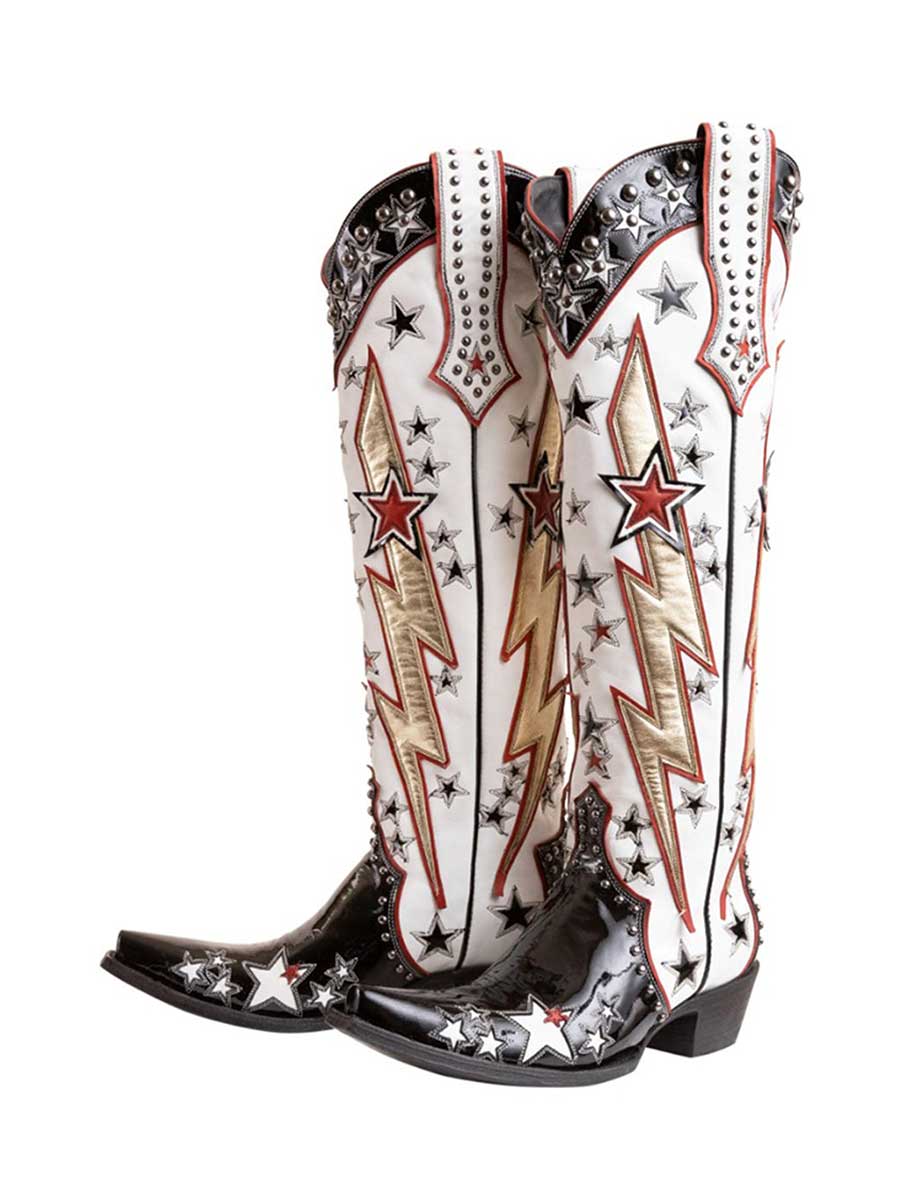 Snip Toe Chunky Heel Star Inlay Studded Cowgirl Boots in White