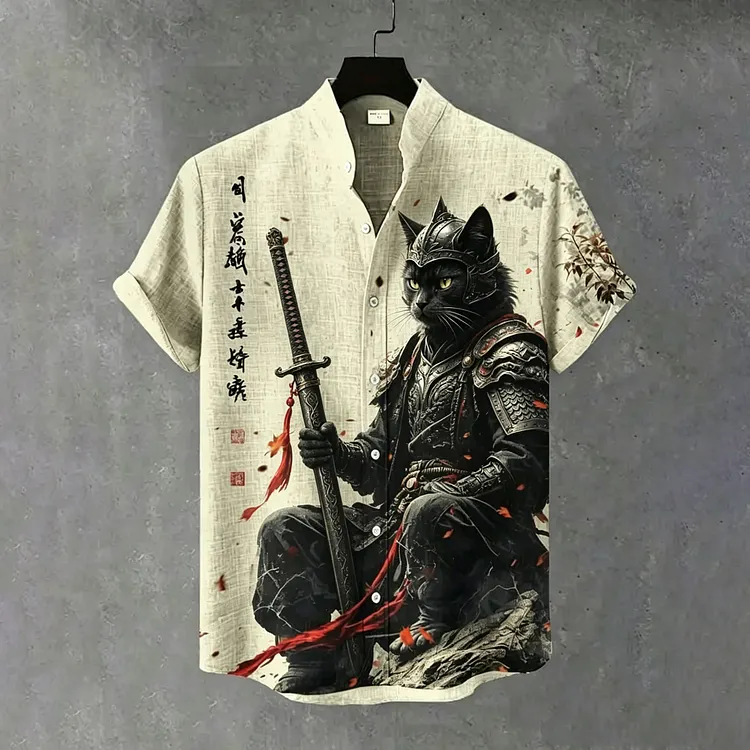 Men's Retro Japanese Warrior Black Cat And Calligraphy Pattern Casual Shirt