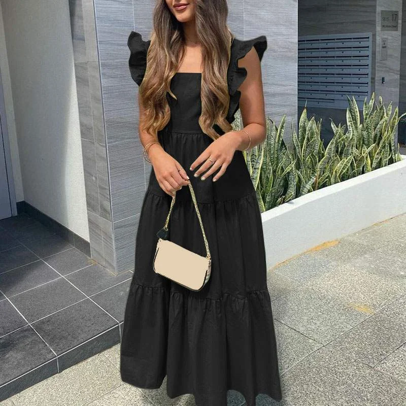 MUICHES Square Collar Bow Tie Long Dress Woman Flying sleeve High Waist Backless Ruffles A-Line Dress 2021 New Summer Holiday