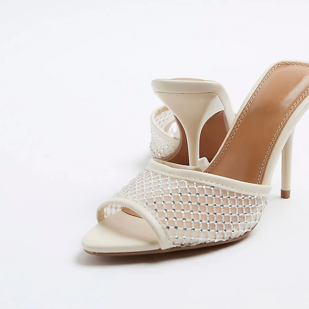 Ivory Rhinestone Mesh Open Toe Stiletto Heel Mules Sandals