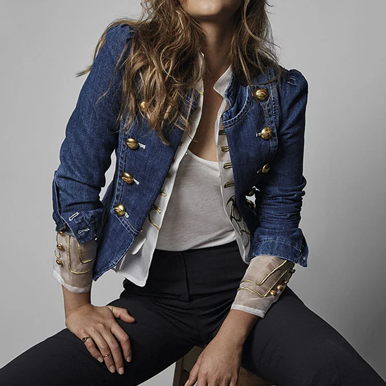 Denim Stand Collar Double Breasted Long Sleeve Jacket