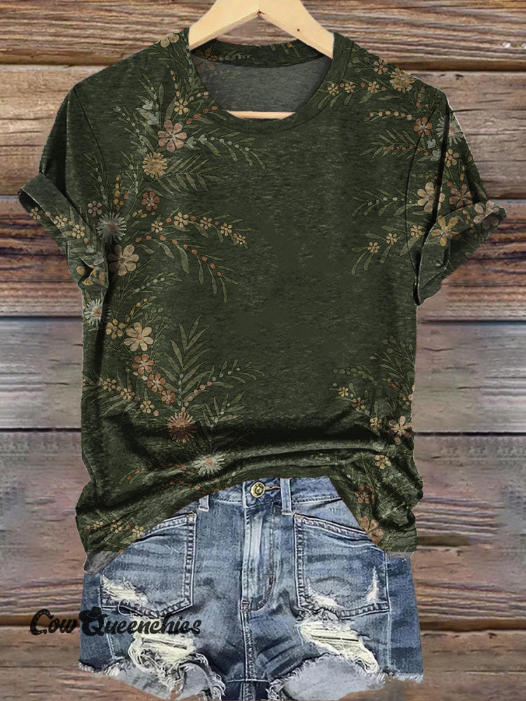 Simple Floral Art Print Comfort T-Shirt Green / S