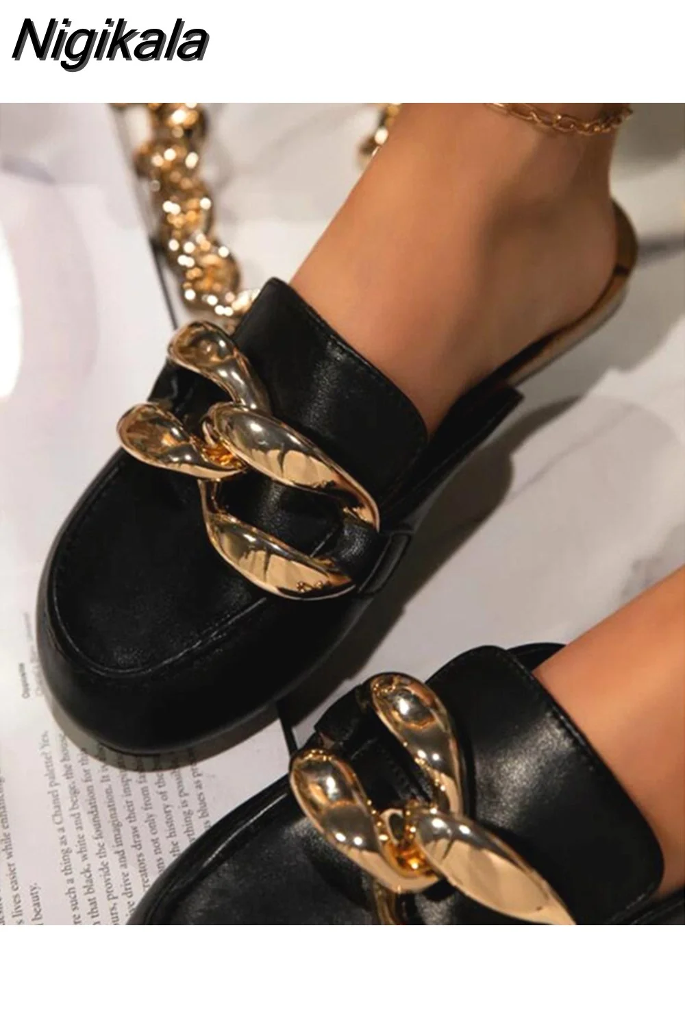Nigikala Shoes Women Slippers Flats Designer Slides Size 43 White Black Luxury Big Chain Sandals Moda Feminina Verao 2023 Pantoufle 405-1