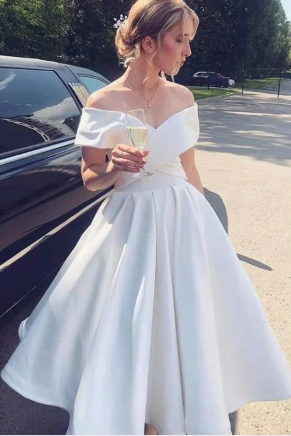 Daisda Elegant A-line Satin Off-The-Shoulder Short Wedding Dress With Strapless