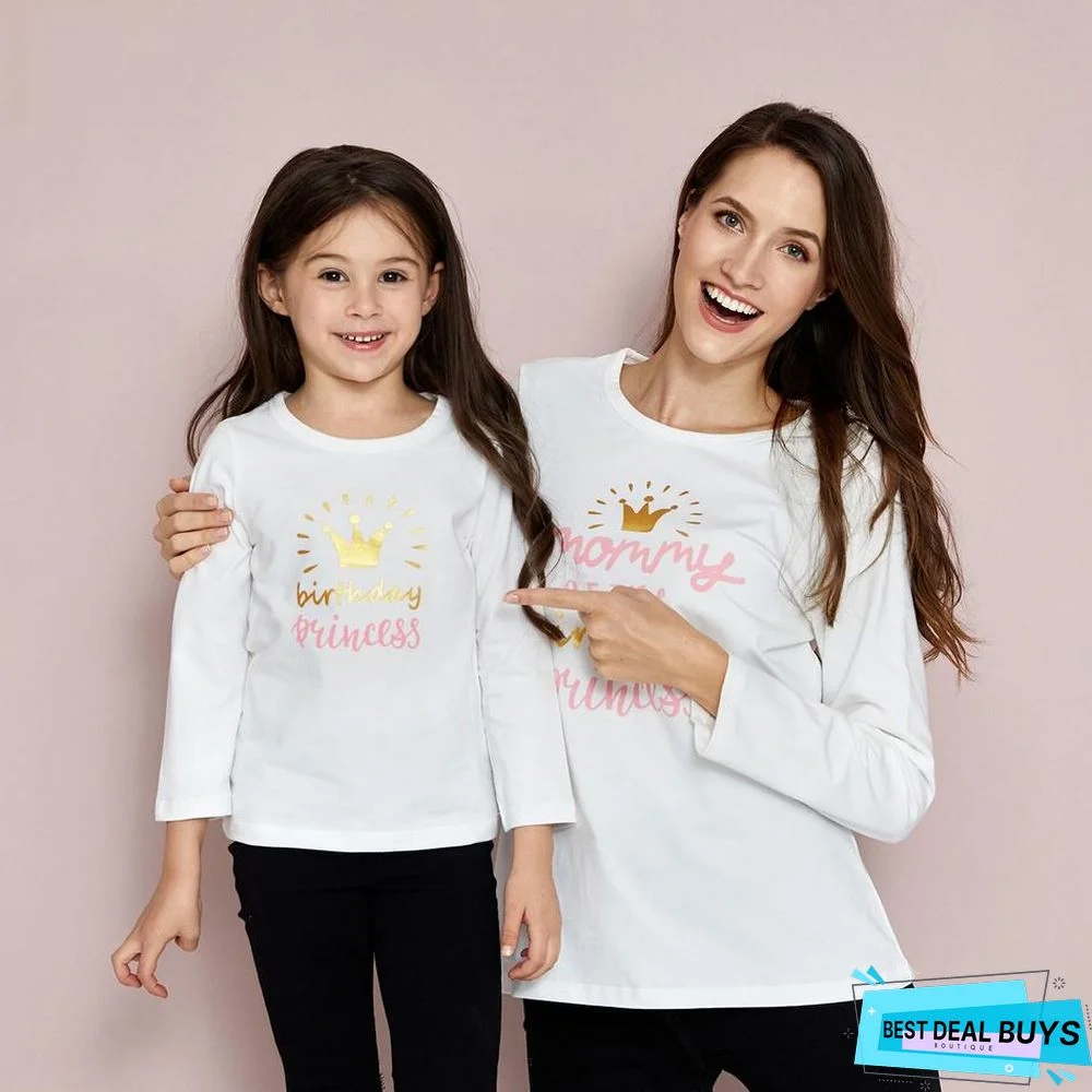 Mommy and Me Round Collar Stars White Long Sleeve Matching Tops