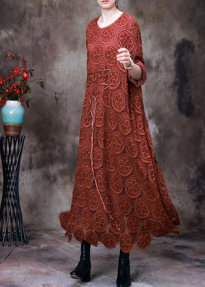 Vintage Orange Embroideried asymmetrical design Fall Dress Long sleeve
