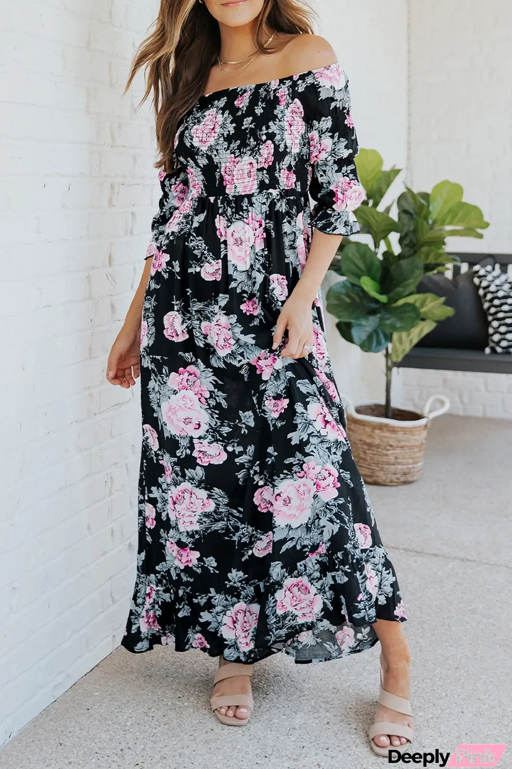 Black Floral Print Smocked Bust High Waist Maxi Dress