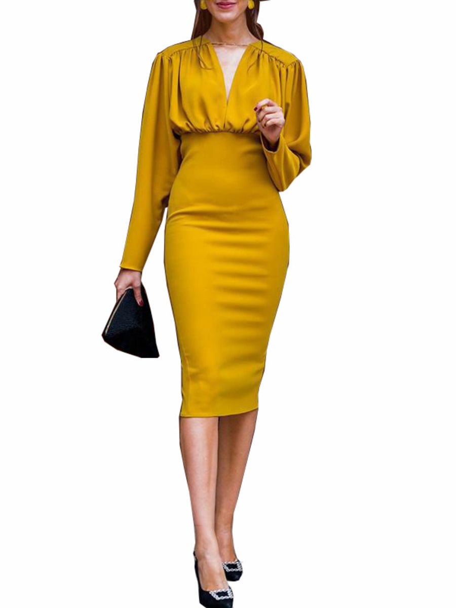 Women's Pencil Dress Yellow Long Sleeve Slim Fit Pleated Bodycon Dress