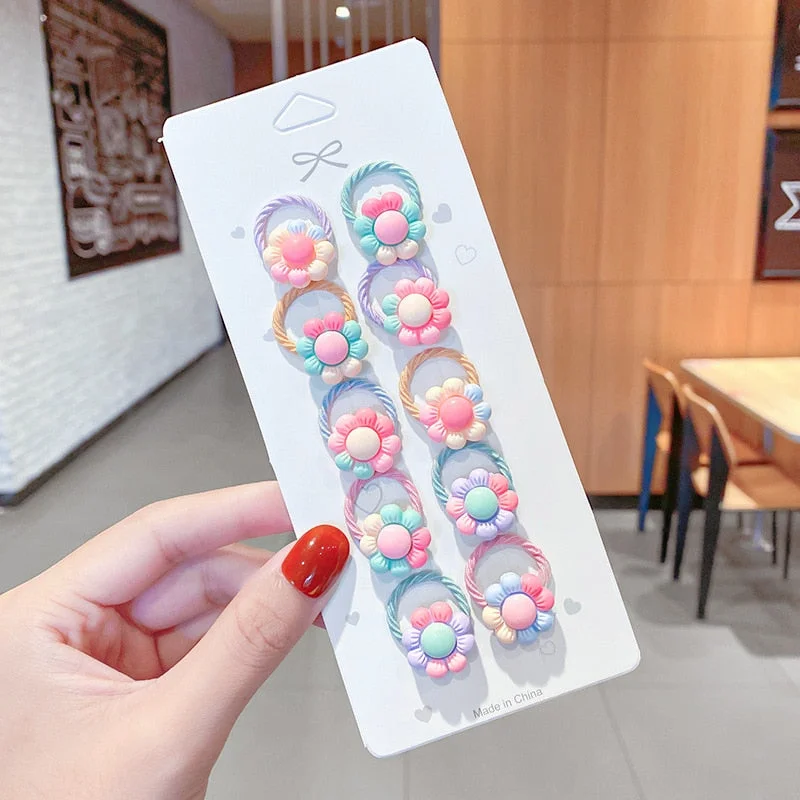 10PCS/Set New Girls Cute Cartoon Flower Small Scrunchie Kids Ponytail Hair Tie Elastic Hair Bands Fashion Hair Accessories Set