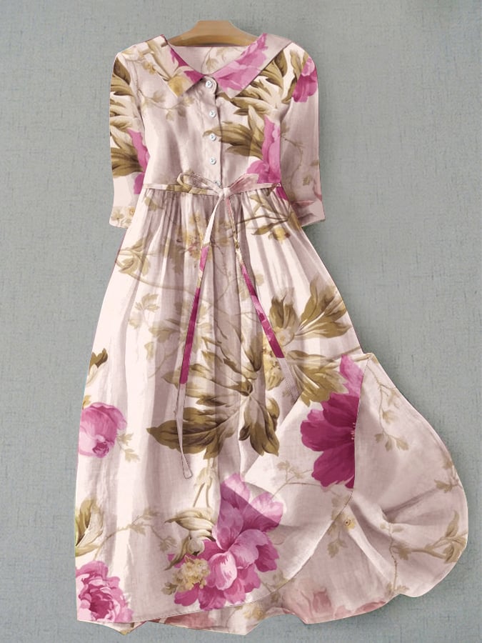 Women's Vintage Botanical Floral Design Print Lace-Up Dress