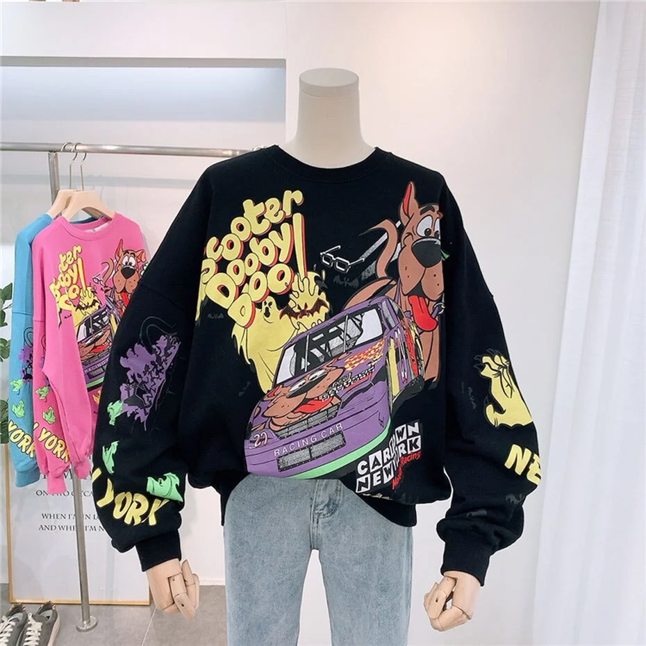 Jangj Oversized Sweatshirt Women Cartoon Cotton Pullover Turtleneck Coat Streetwear Sweatshirts Hip Hop Cool Coats