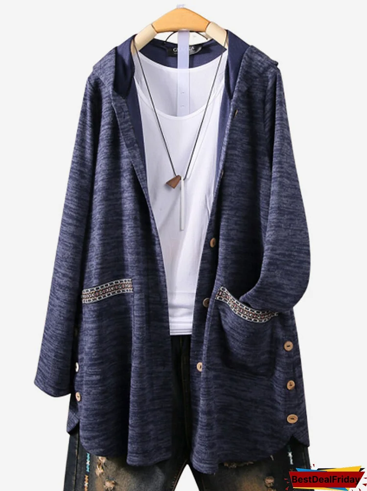 Side Button Solid Color Print Patchwork Hooded Jacket