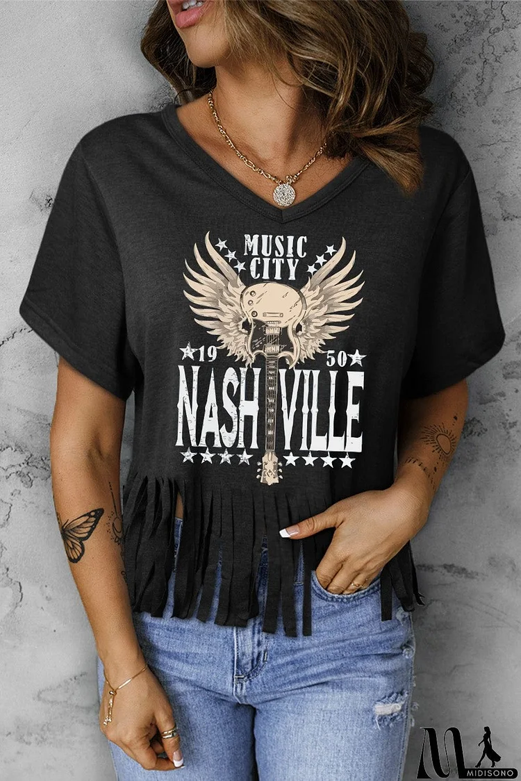 MUSIC CITY 1950 NASHVILLE Graphic Fringe Hem Tee