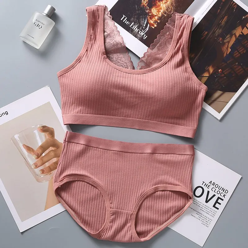 Billionm Large Size Bra&beiefs Set for Women Wireless Padded Underwear Suit Lace Striped Seamless Lingerie Set New