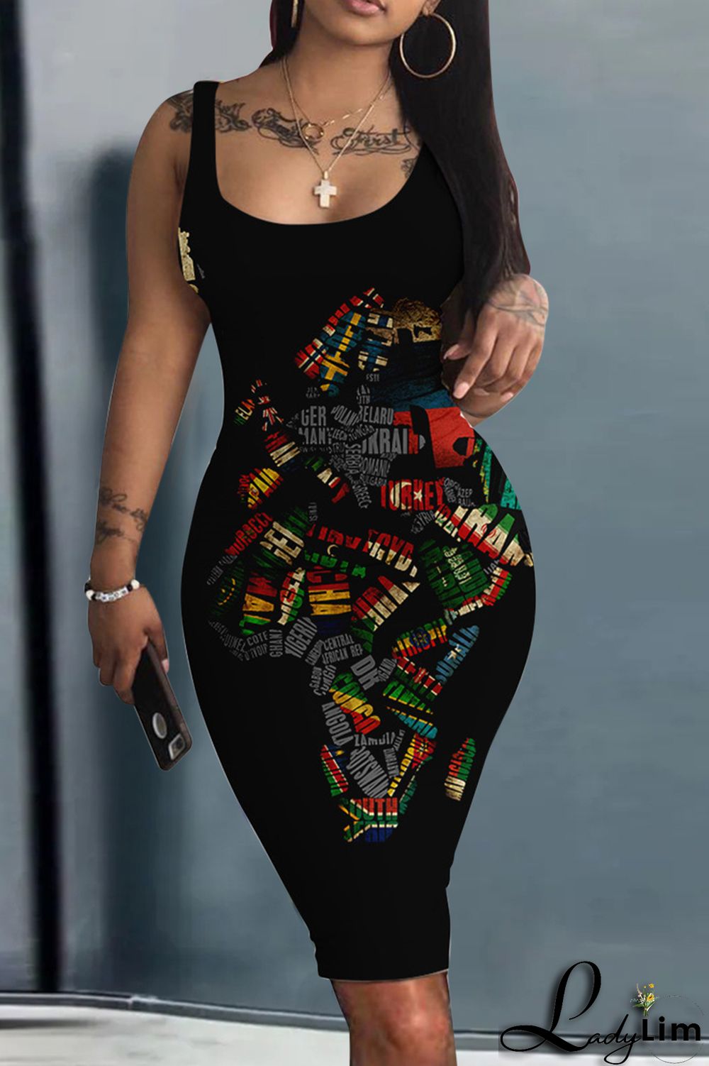 Navy Blue Fashion Sexy Print Basic U Neck Vest Dress