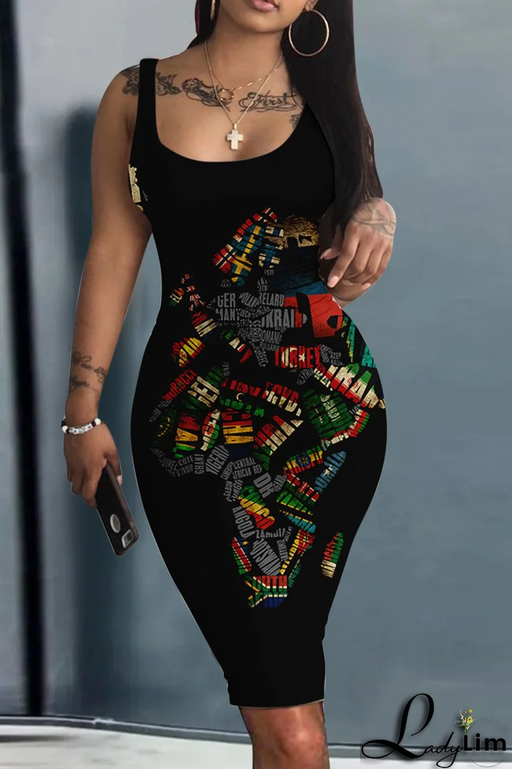 Navy Blue Fashion Sexy Print Basic U Neck Vest Dress