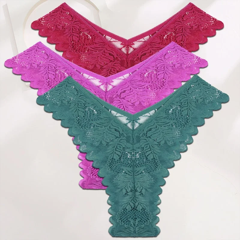 FINETOO 3PCS/Set Lace Gstring Panties Women Sexy M-XL Girls Thongs Perspective Temptation New Pantys Underwear Female Intimates