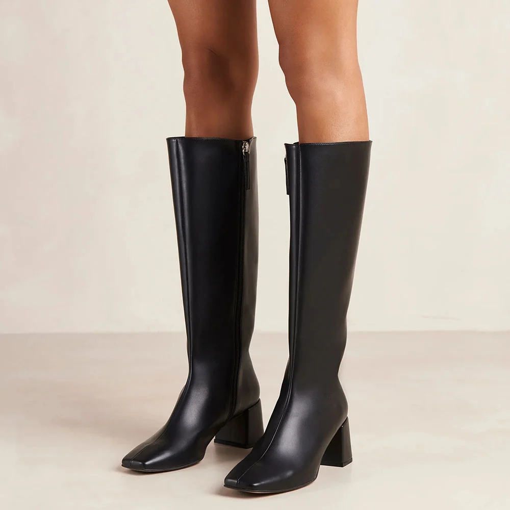Black Vegan Leather Sophisticated Block Heeled Wide Calf Knee High Boots Nicepairs