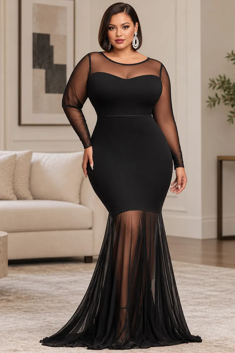 Xpluswear Design Plus Size Party Knitted Black Round Neck Long Sleeve Mermaid See Through Tulle Maxi Dresses [Pre-Order] 2024 - Xpluswear