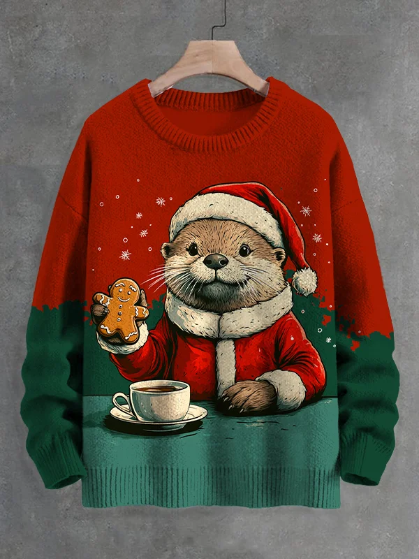 Men's Vintage Santa otter Eating Cookies And Coffee Color Block Art Print Knit Sweatshirt