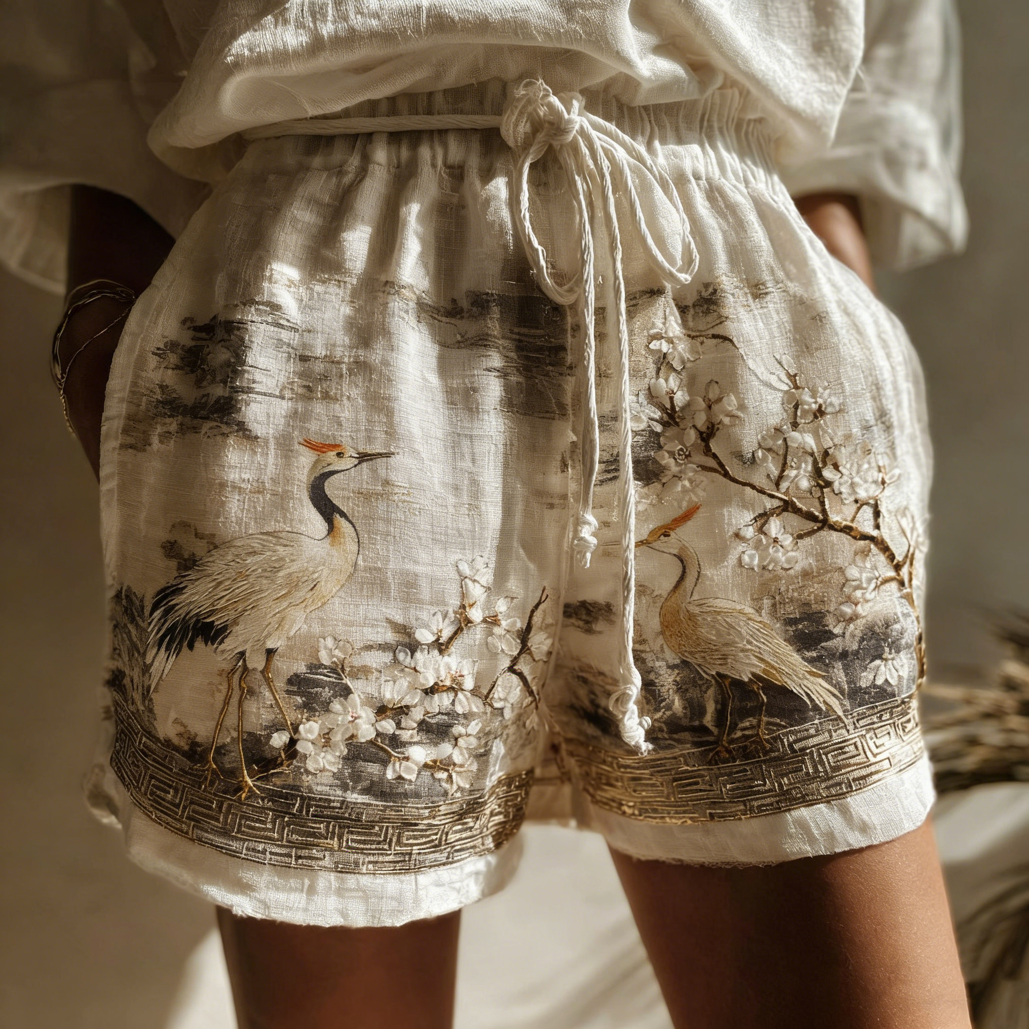 Retro Japanese Cherry Blossom & Crane Pattern Casual Shorts elevenforest