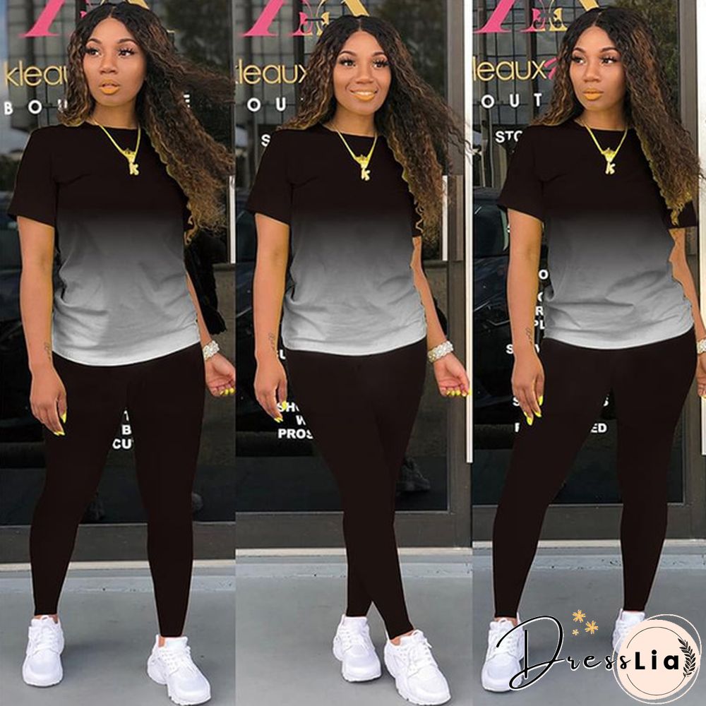 New Women's Fashion Gradient Short Sleeve Top and Pants Casual Sportswear Suit Two-piece Suit Plus Size