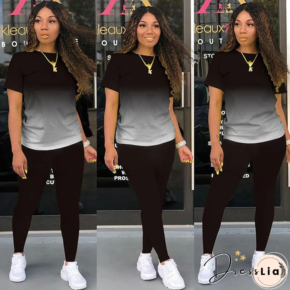 New Women's Fashion Gradient Short Sleeve Top and Pants Casual Sportswear Suit Two-piece Suit Plus Size