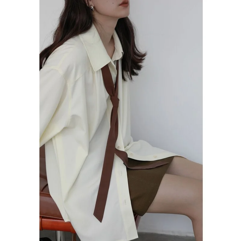 Huiketi Vintage Aesthetic Women Blouse Tie Harajuku Button Up Oversized Shirt Female Long Sleeve Blouses Loose Clothes Tops 22875