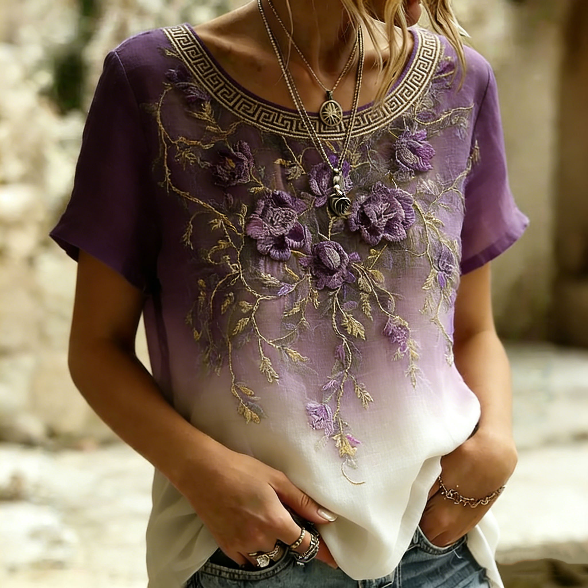 Women's Vintage Purple Floral Casual T-shirt elevenforest