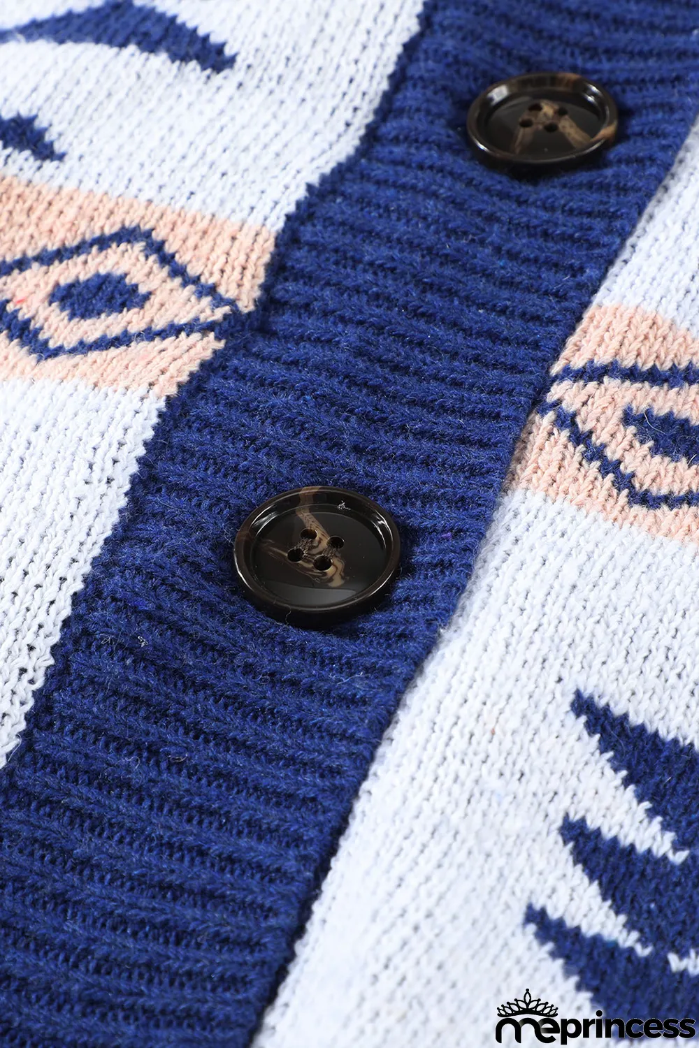 Blue Retro Jacquard Pattern Buttoned Front Hooded Sweater