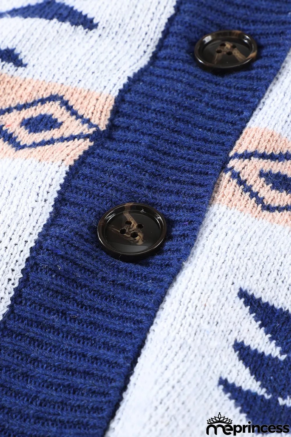 Blue Retro Jacquard Pattern Buttoned Front Hooded Sweater