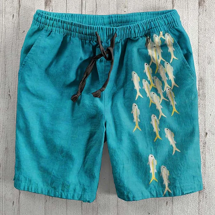 Japanese School Fish Art Linen Blend Casual Shorts