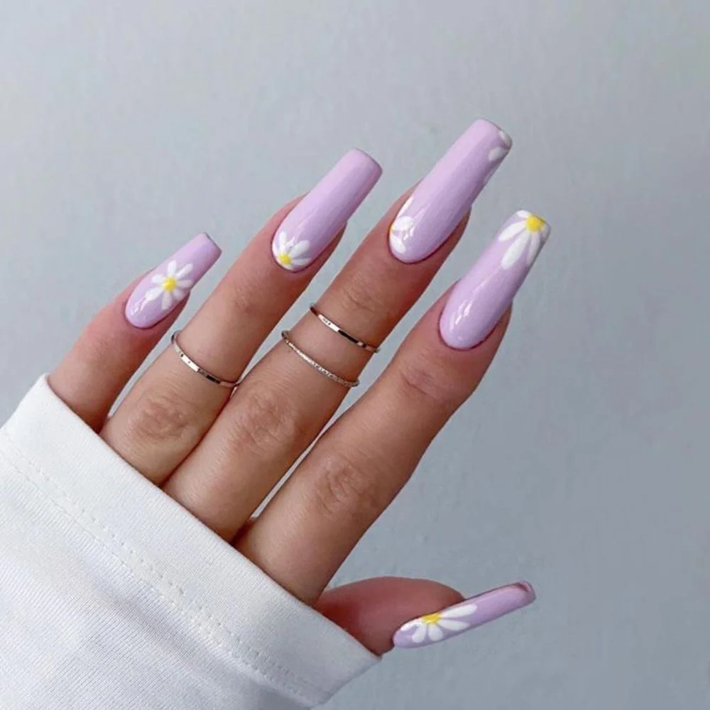 24Pcs Rhinestone Detachable False Nails With Clouds Print Design Long Coffin Fake Nail Patch Full Finished Ballerina False Nail-Nail Inspo