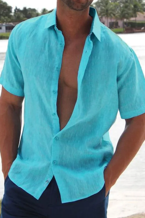 Tiboyz Blue cotton linen short sleeve casual shirt