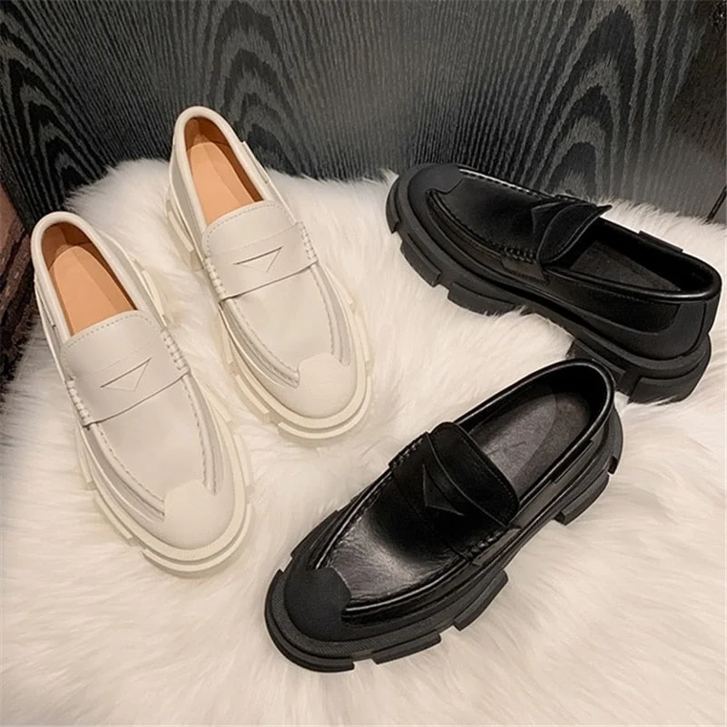 Meotina Women Loafers Shoes Genuine Leather Thick Heels Pumps Round Toe Causal Med Heel Ladies Footwear Spring Autumn Black 42