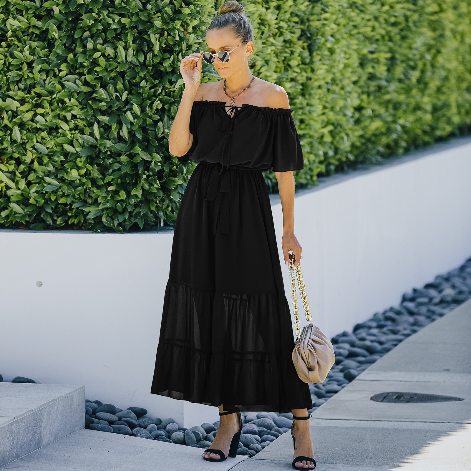 Mature Women Summer Fashion Wrap Chest One Shoulder Dress