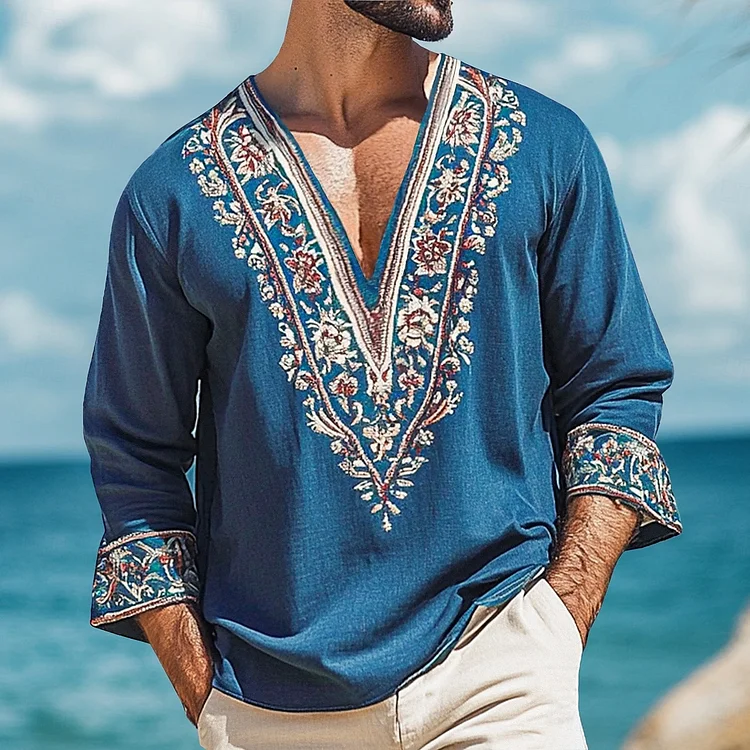 Men's Summer Beach Viking Ethnic Style Art Print Linen T-shirt