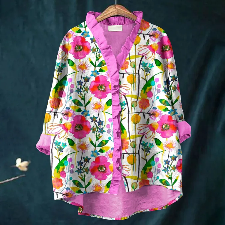 Women's Vintage Floral Art Print Casual Cotton And Linen Ruffle Shirt