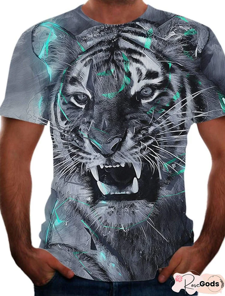 Men's T Shirt Color Block 3D Animal Plus Size Short Sleeve Going Out Tops Basic Round