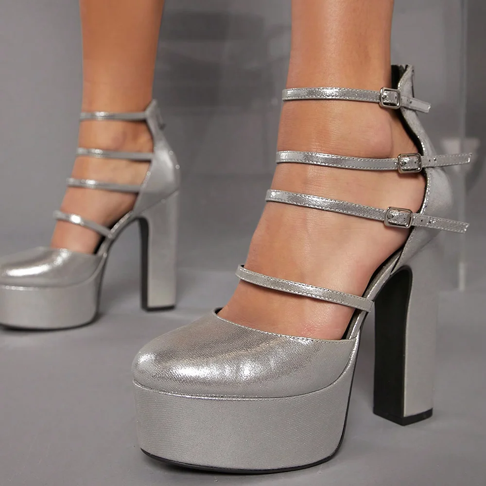 Silver Closed Round Toe Buckled Strappy Platform Pumps With Chunky Heels Nicepairs