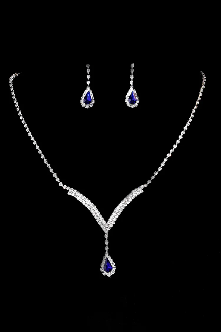 V-Shaped Rhinestone Drop Shaped Pendant Necklace Dangle Earrings  Jewelry Set-Red