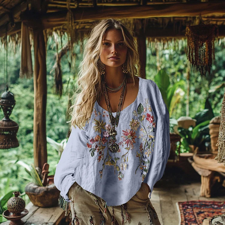 VChics Retro Bohemian Floral Embroidery Art Graphics Cotton And Linen Blend Loose Blouse