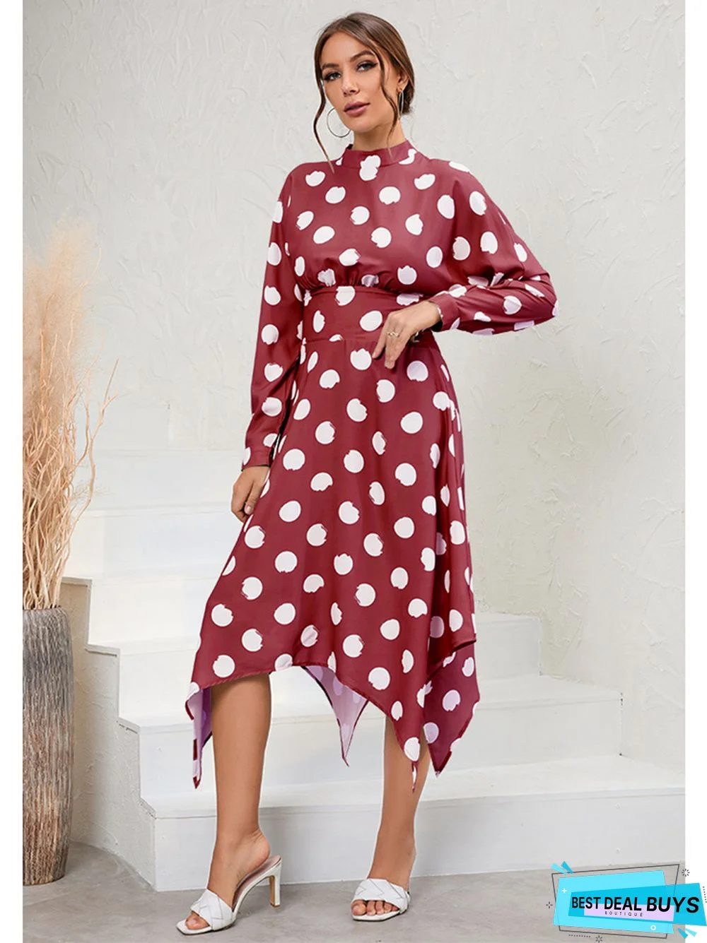 Casual Irregular Long Sleeve Polka Dot Dress