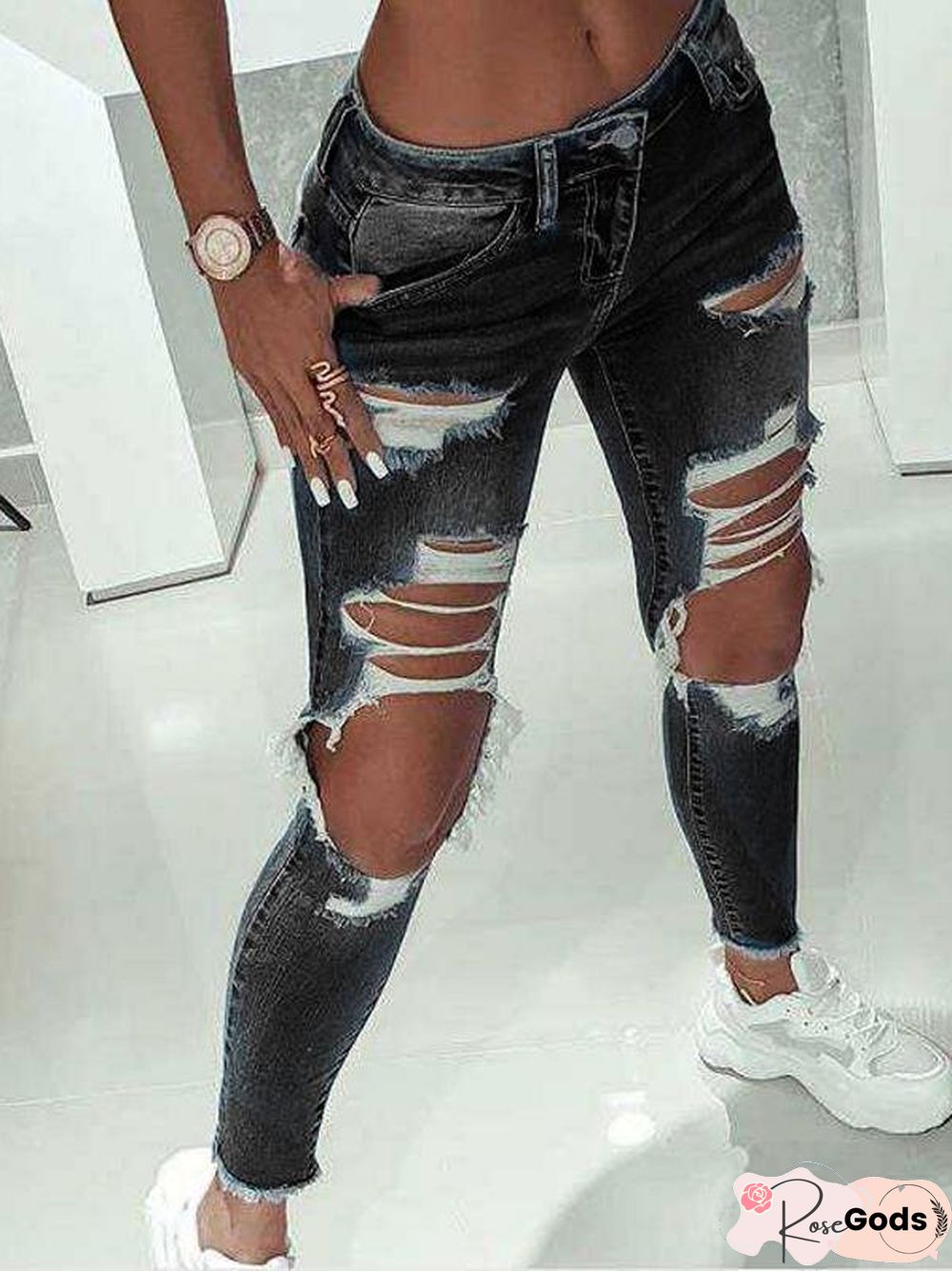Plain Random Ripped Irregular Hem Black Plus Size Bottoms