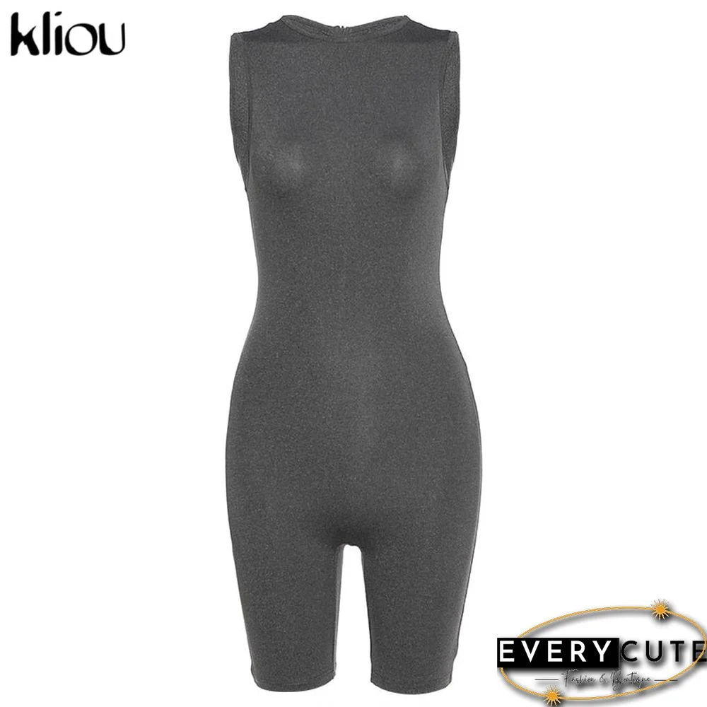 Kliou zipper rompers women summer clothes playsuits sleeveless o-neck solid casual romper slim elastic fitness sportswear outfit